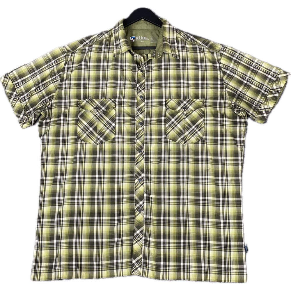 Kuhl Mens Shirt XL Green Plaid Eluxur‎ Short Sleeve Button Down Hiking Outdoor